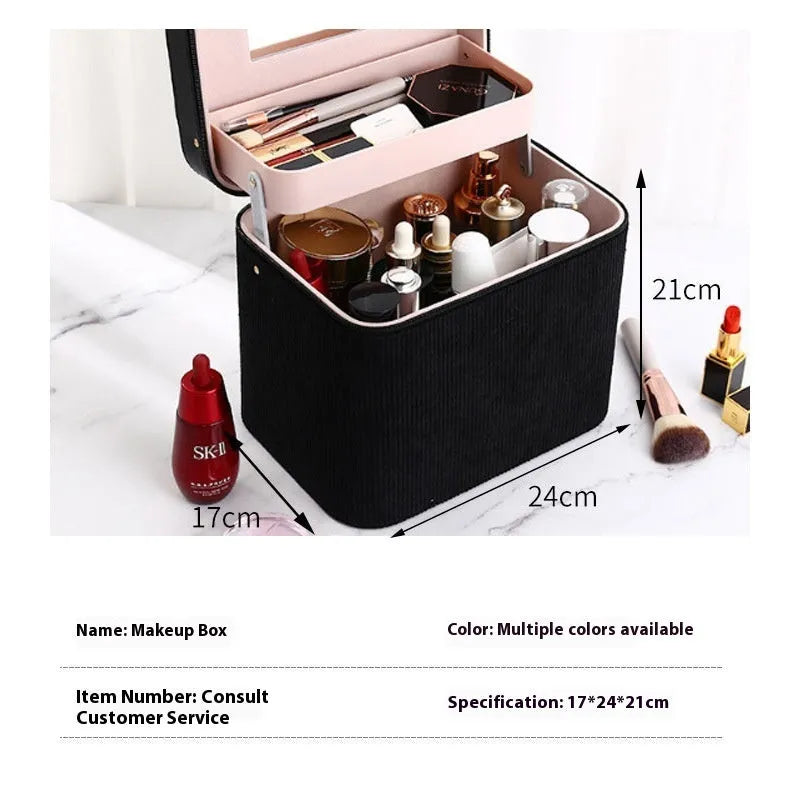 Corduroy cosmetic storage box in a solid colour with a large capacity for home organisation.