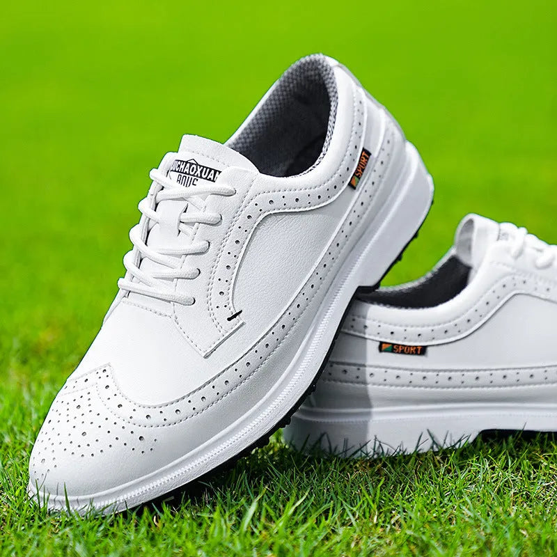 Men's golf shoes with genuine leather upper and non-slip rubber outsole in Lake Blue and White colours