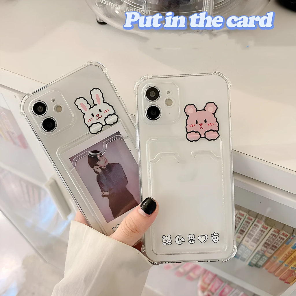 Transparent cartoon design iPhone case with card slots on the back