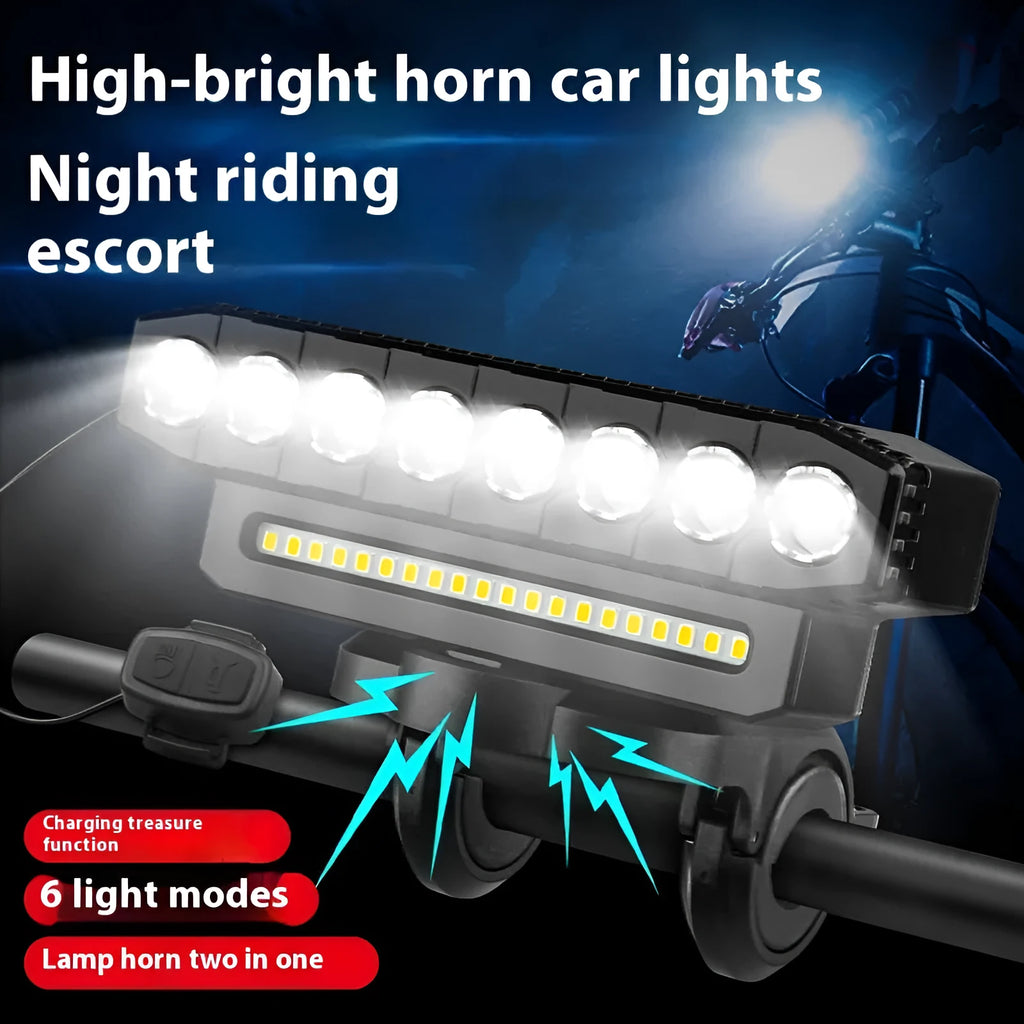 HYD-059 rechargeable bicycle headlight with horn mounted on handlebars, showing six LED mode buttons.