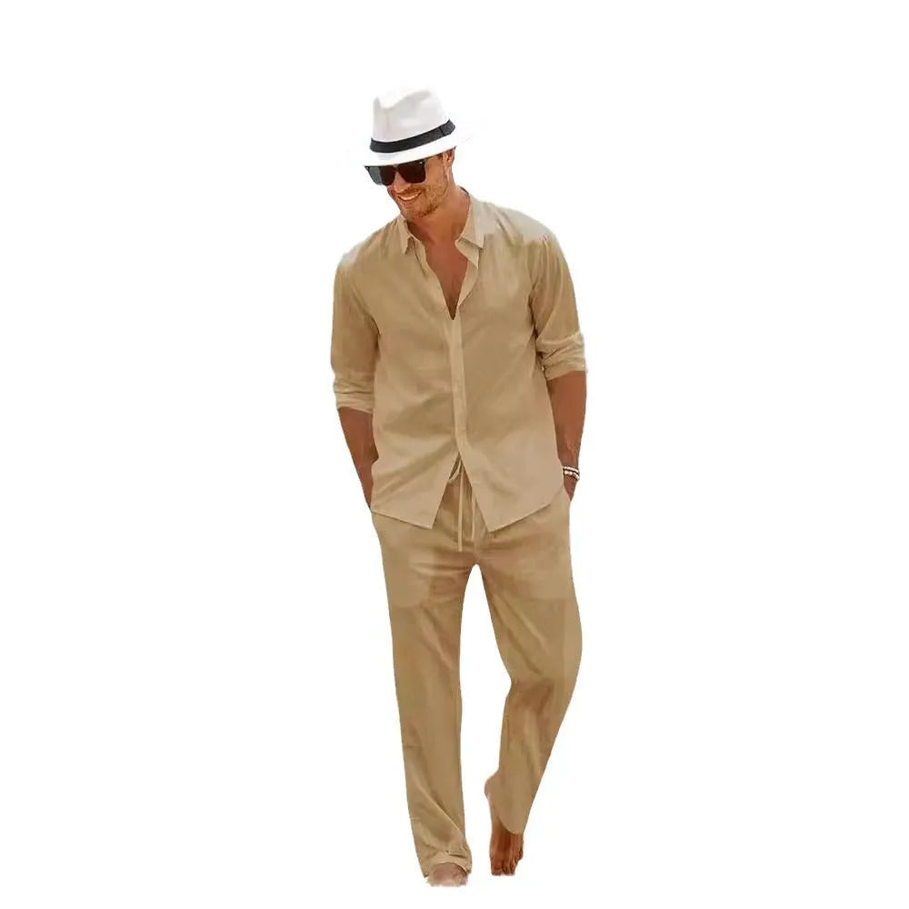 Men's cotton casual long sleeve top and trousers set in gray, available in sizes S to XXXL