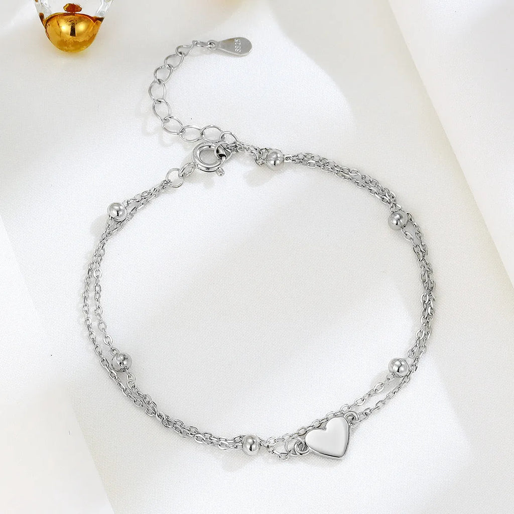 S925 sterling silver double-layer heart bracelet women's simple style silver colour adjustable chain
