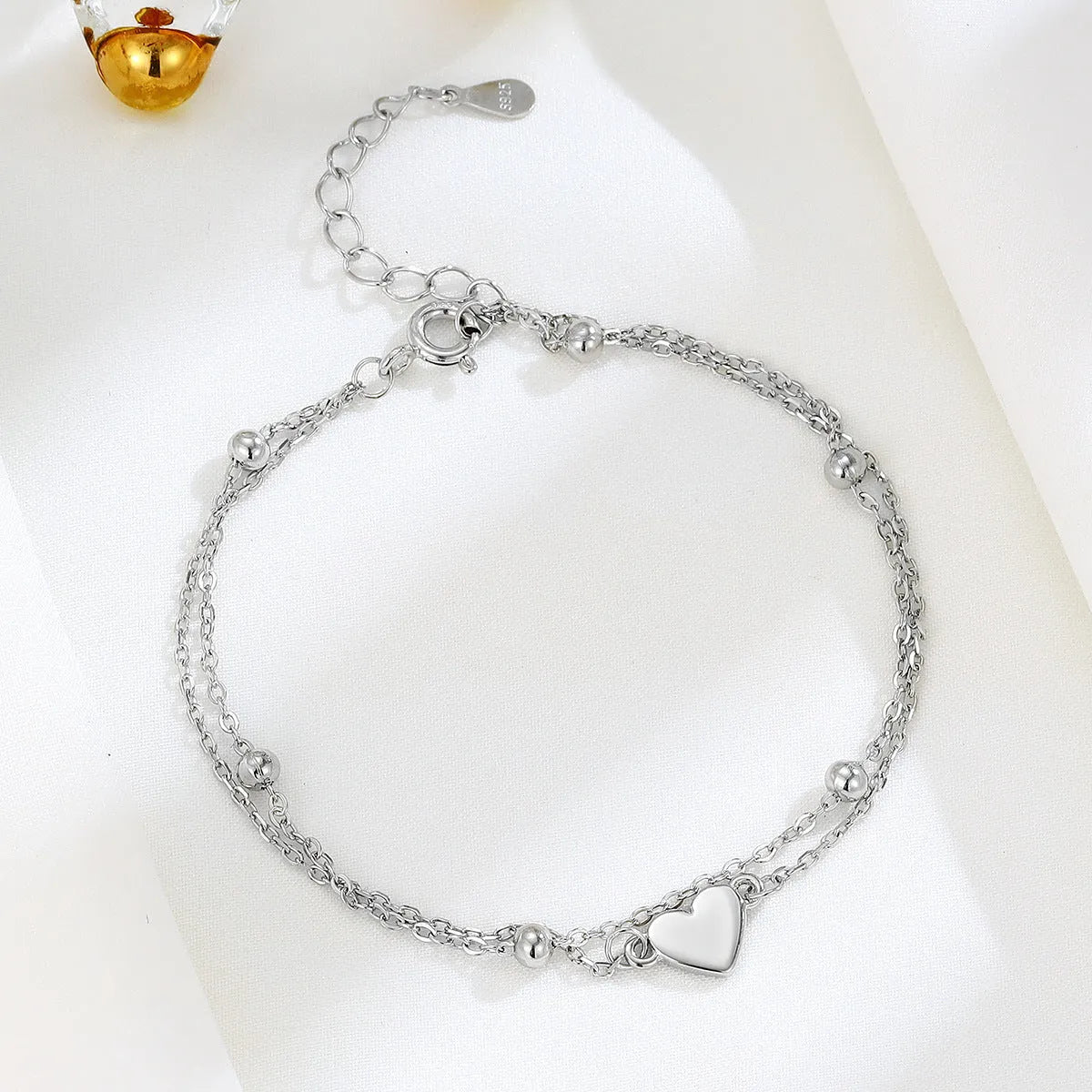 S925 sterling silver double-layer heart bracelet women's simple style silver colour adjustable chain