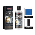 Headlight restoration kit with PET bottle, polishing fluid, cloth, and sponge.