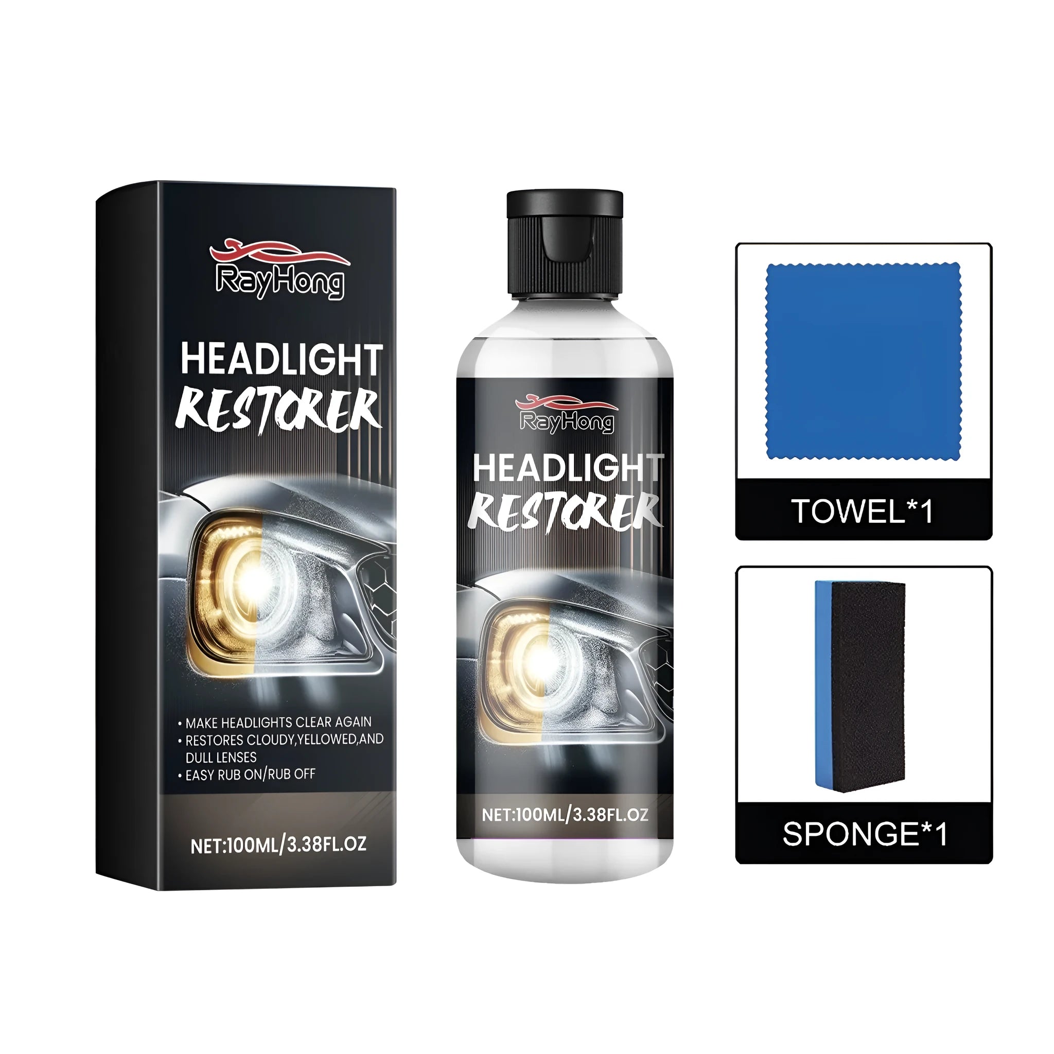 Headlight restoration kit with PET bottle, polishing fluid, cloth, and sponge.