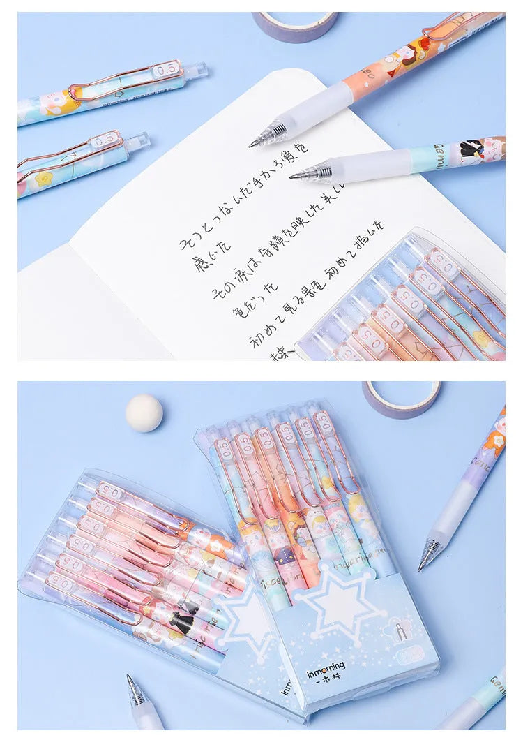 Six constellation cartoon gel pens with 0.5mm metal tips and blue ink