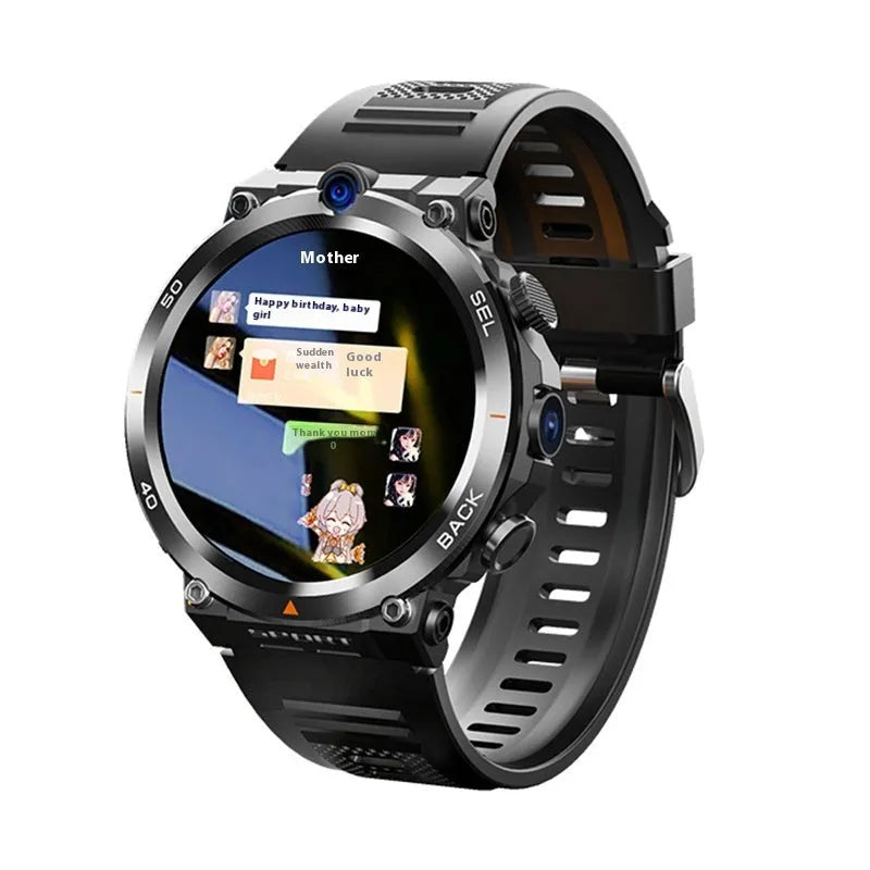 Sports smartwatch with dual cameras, touchscreen display, GPS positioning and heart rate monitoring features
