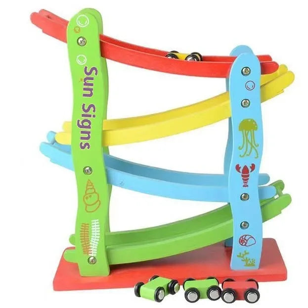 Children's wooden multi-layer inertial sliding car track toy in a colour slide variant for kids aged 4-6.