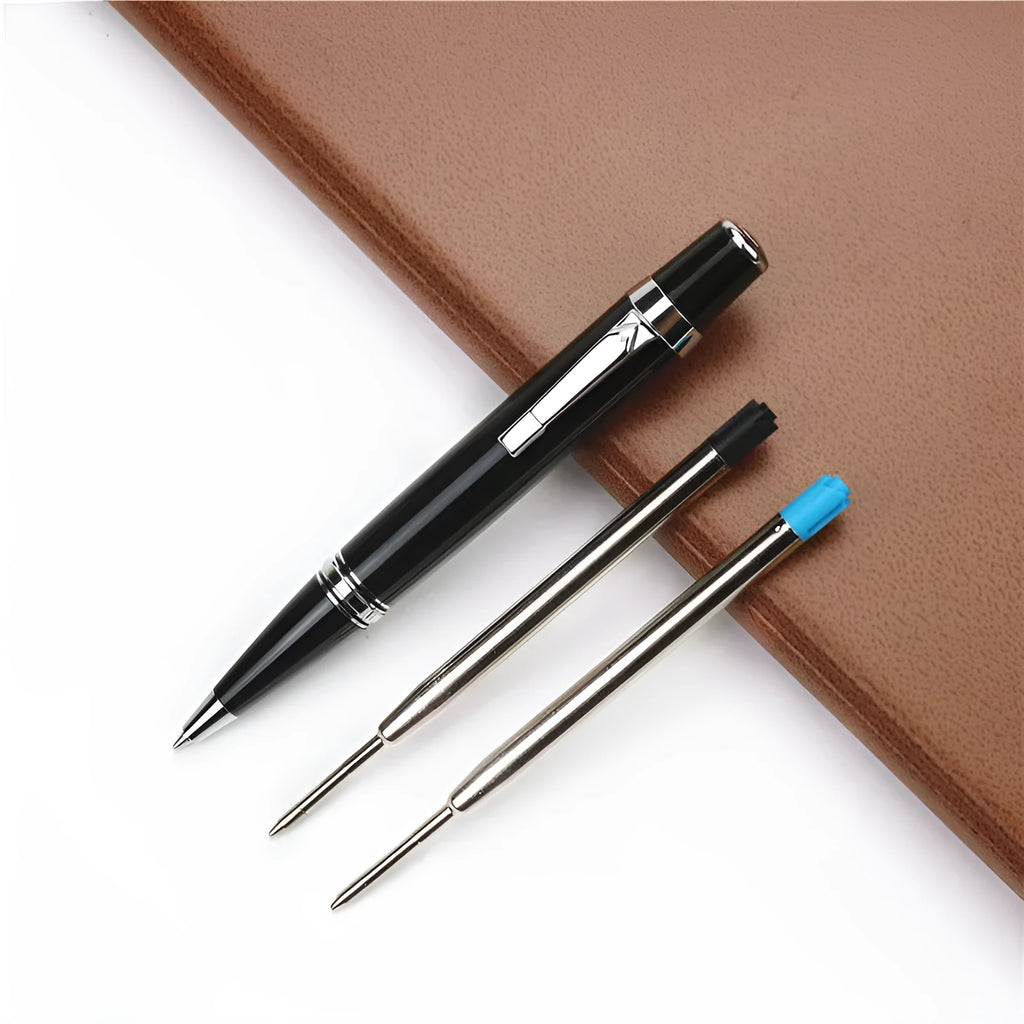 Black full metal pocket signature pen with a 0.7mm refill and two spare refills.