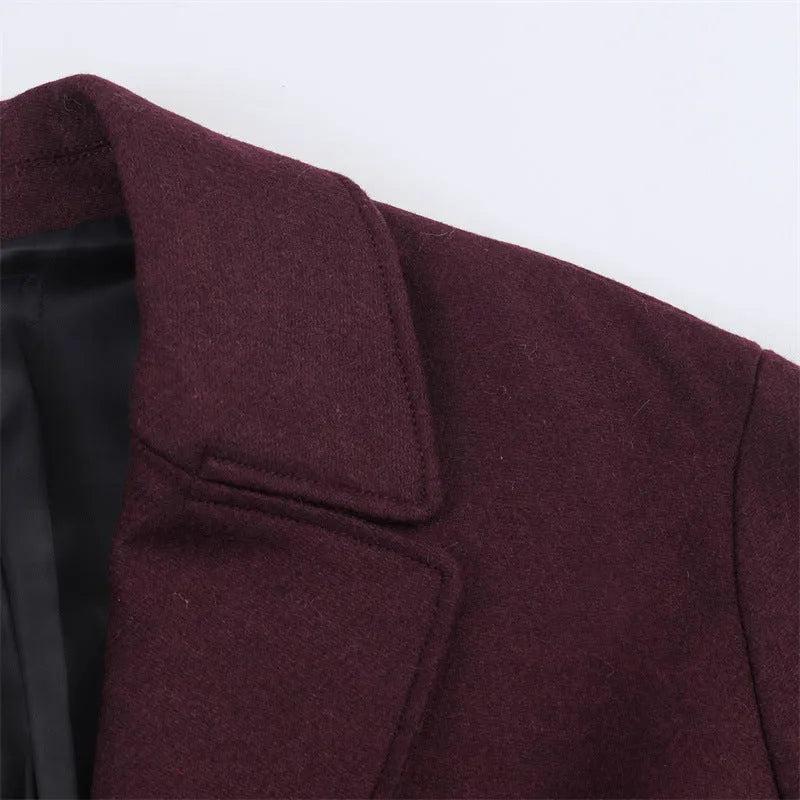 Women's loose slimming long overcoat in wine red colour with spandex stretch, front view