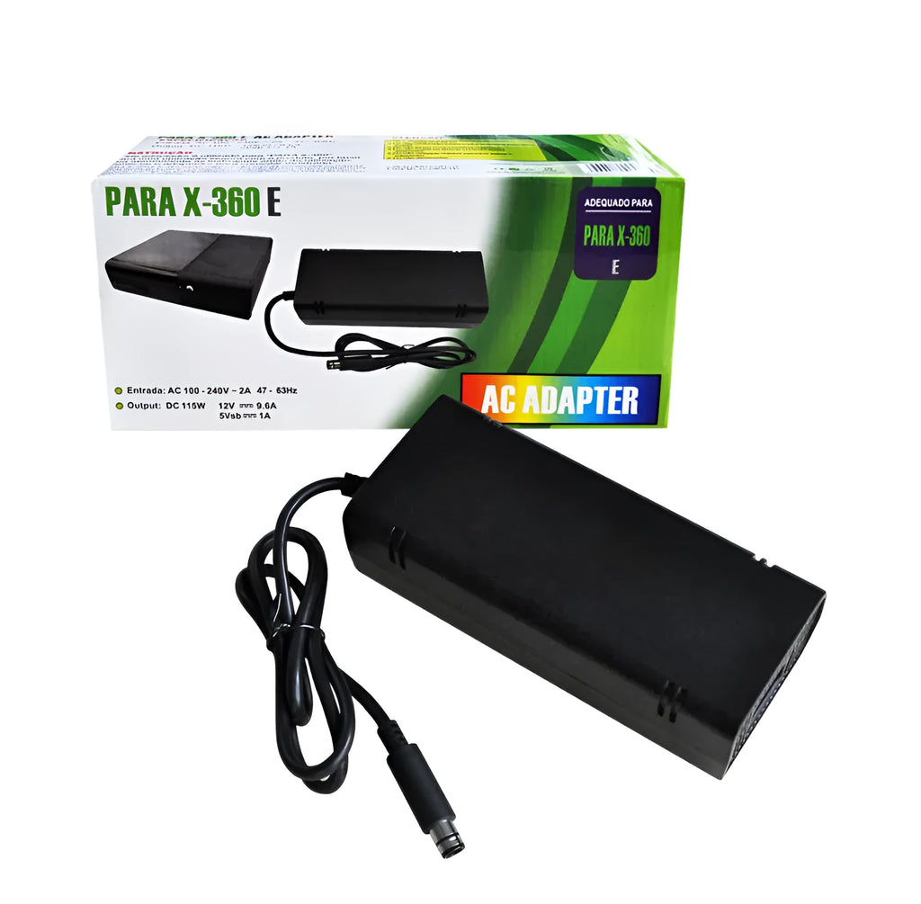 Black Microsoft XBOX360E AC power adapter unit with cable for 220V mains.