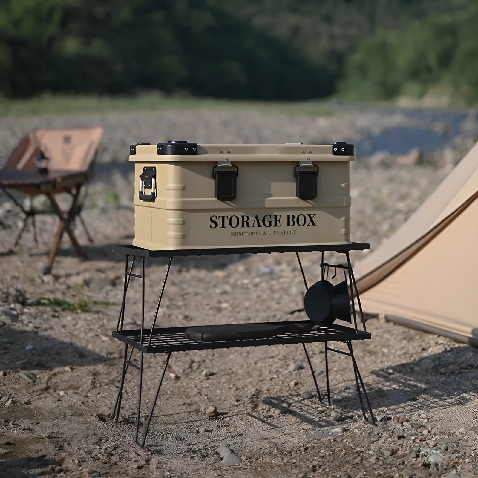 Waterproof vehicle-mounted storage box in Army Green, shown in medium size dimensions.