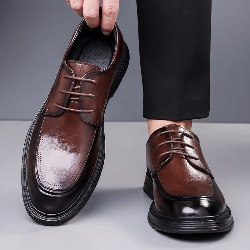 Men's brown cowhide leather lace-up formal shoes, round toe, rubber sole, low top, size 37-45