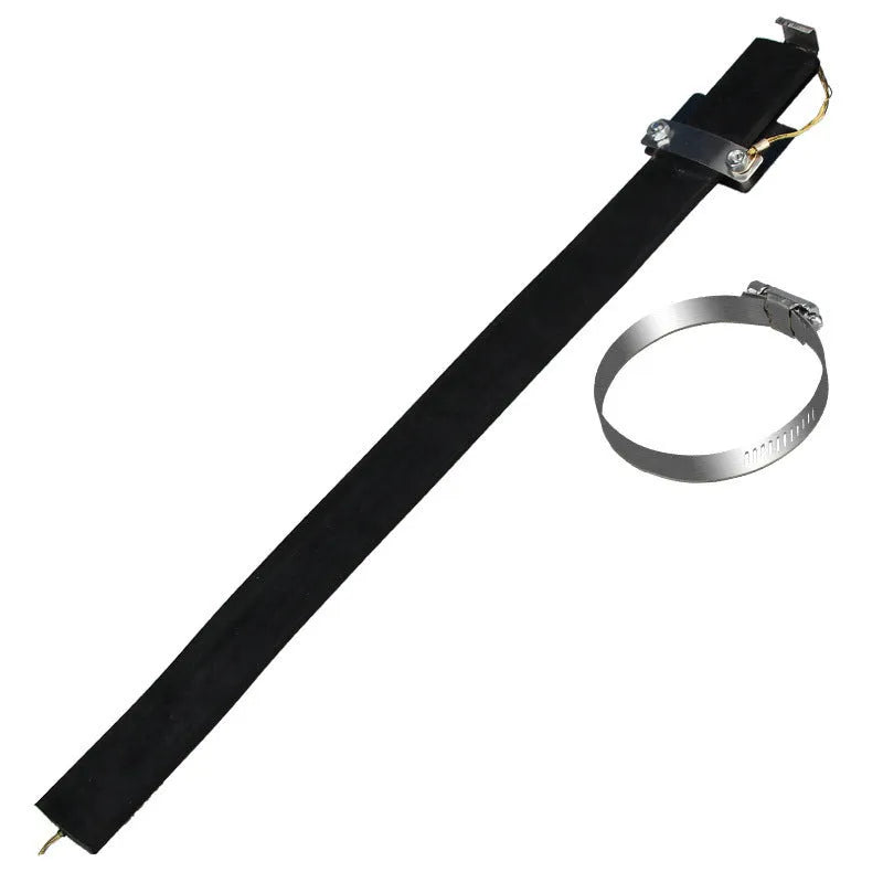 Black car electrostatic grounding belt, 37cm long with metal hook, shown against a vehicle tyre.