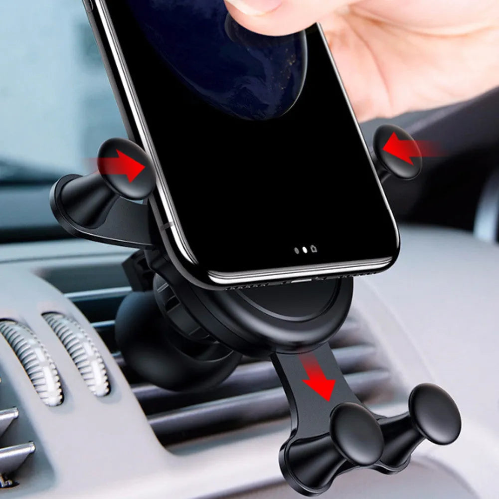 Universal car phone holder in black mounted on dashboard, with gold and silver colour variants visible