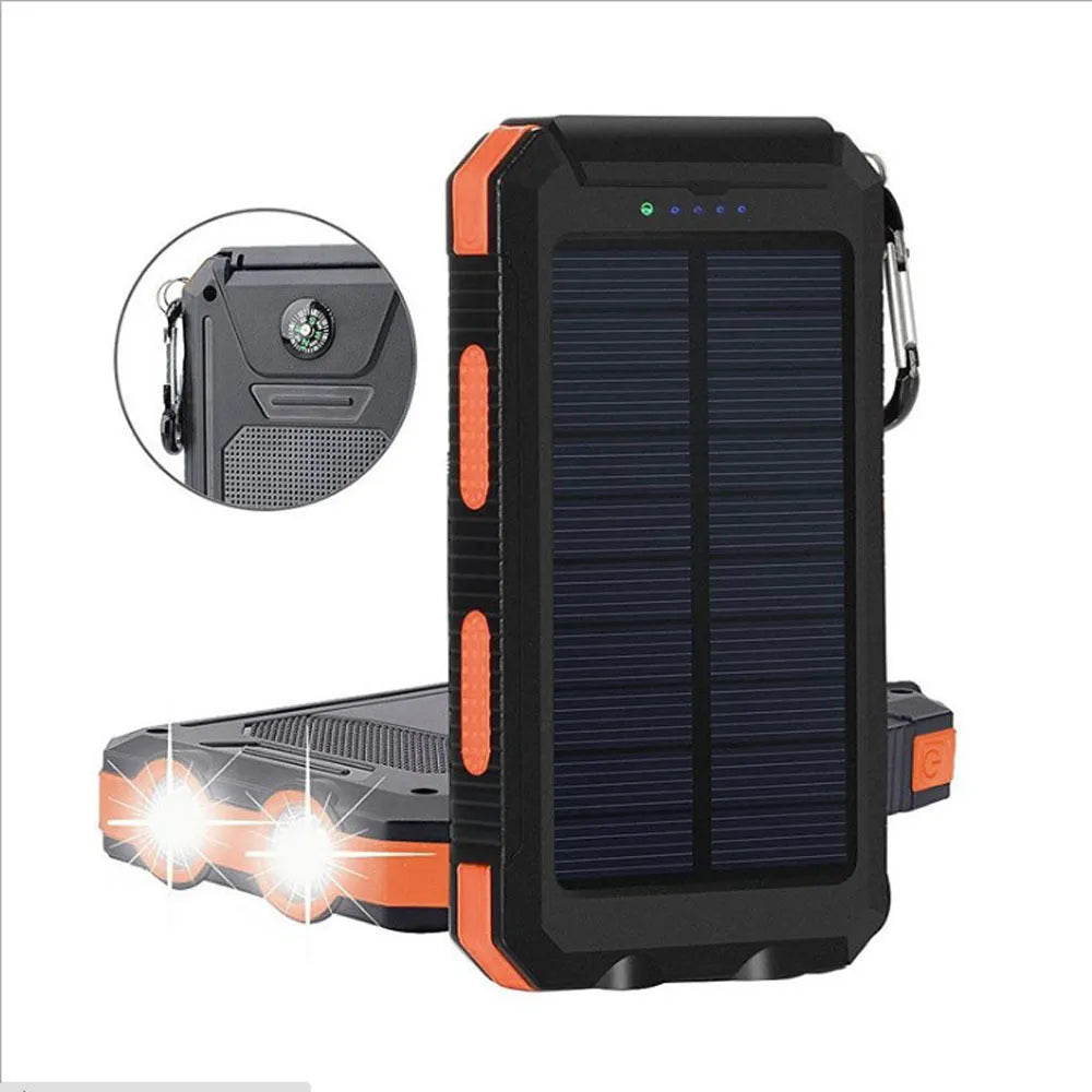 Black solar power bank with LED flashlight showing dimensions and charging ports