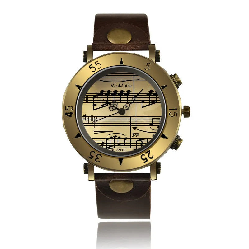 Men's music symbol watch showing design detail and colour options including red, black, brown, white, blue, orange, pink, green, and khaki