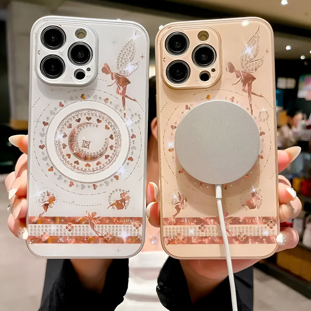 Butterfly fairy diamond magnetic phone case in pink, white, or rose gold for iPhone 11 to 15 Pro Max, with rhinestone bow and TPU PC shell