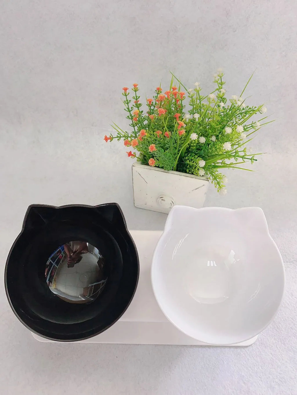 Transparent cat head double bowl feeder with 15° tilted design and anti-skid base for cats and dogs