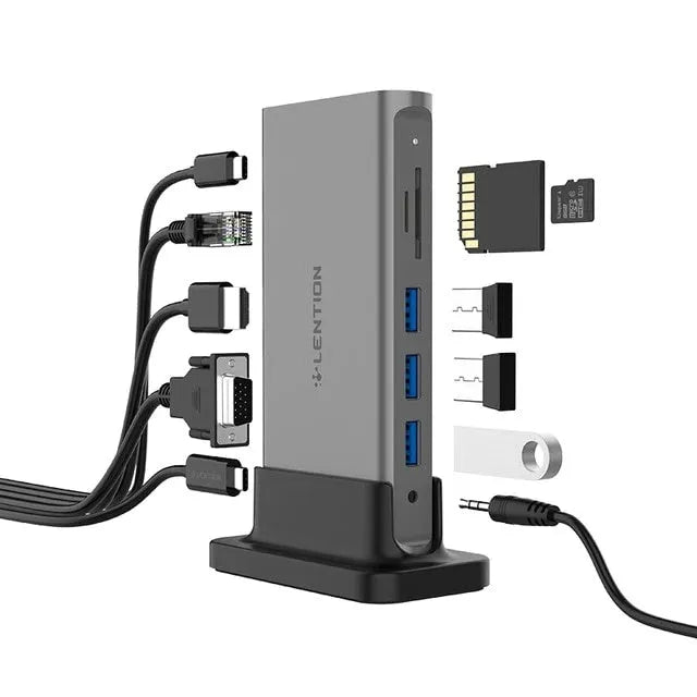 Plastic 11-in-1 USB-C docking station in deep space grey with multiple ports including HDMI, VGA, USB, and Ethernet