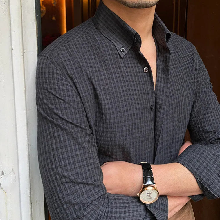 Retro breathable wrinkle resistant cotton blend shirt with button collar in beige, front view