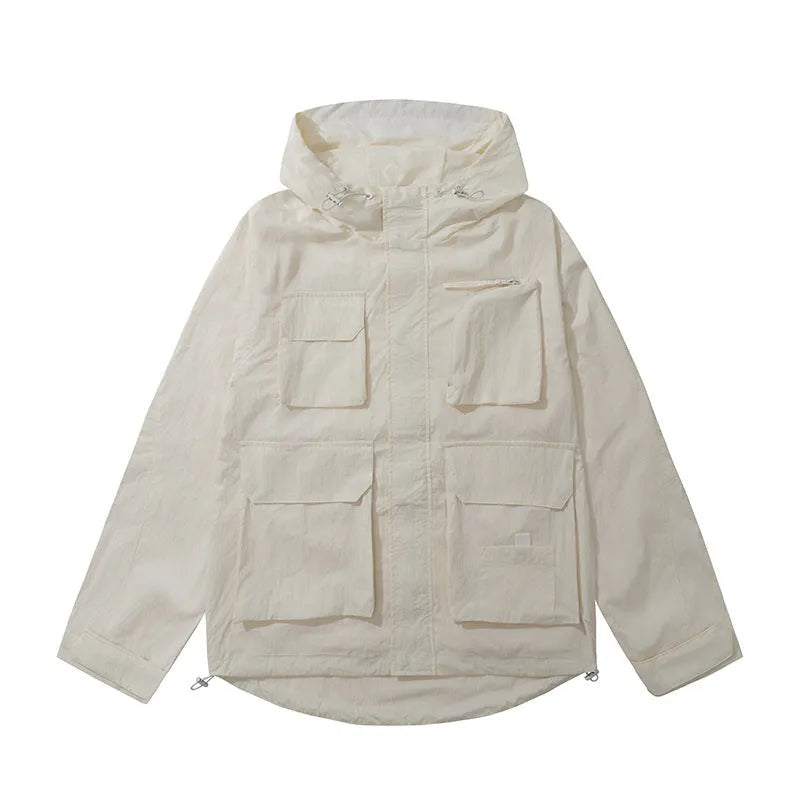 Men's loose fit jacket in black, green, or beige with 3D patch pocket, long sleeves, sizes S-3XL