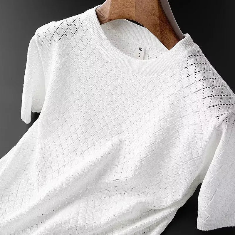 Men's white and black ice silk short sleeve t-shirt with V-neck or round neck option