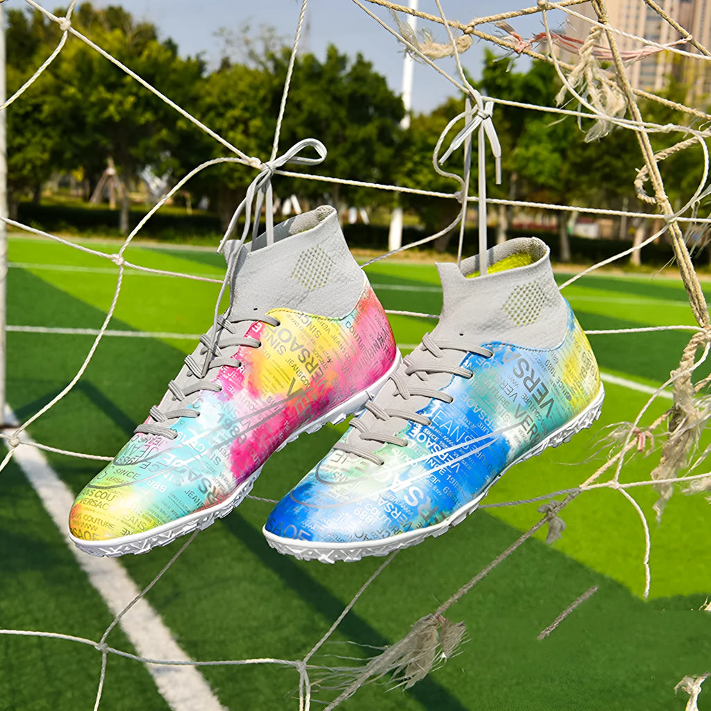 High top soccer shoes for boys and girls with non-slip rubber outsole, multiple colour styles available