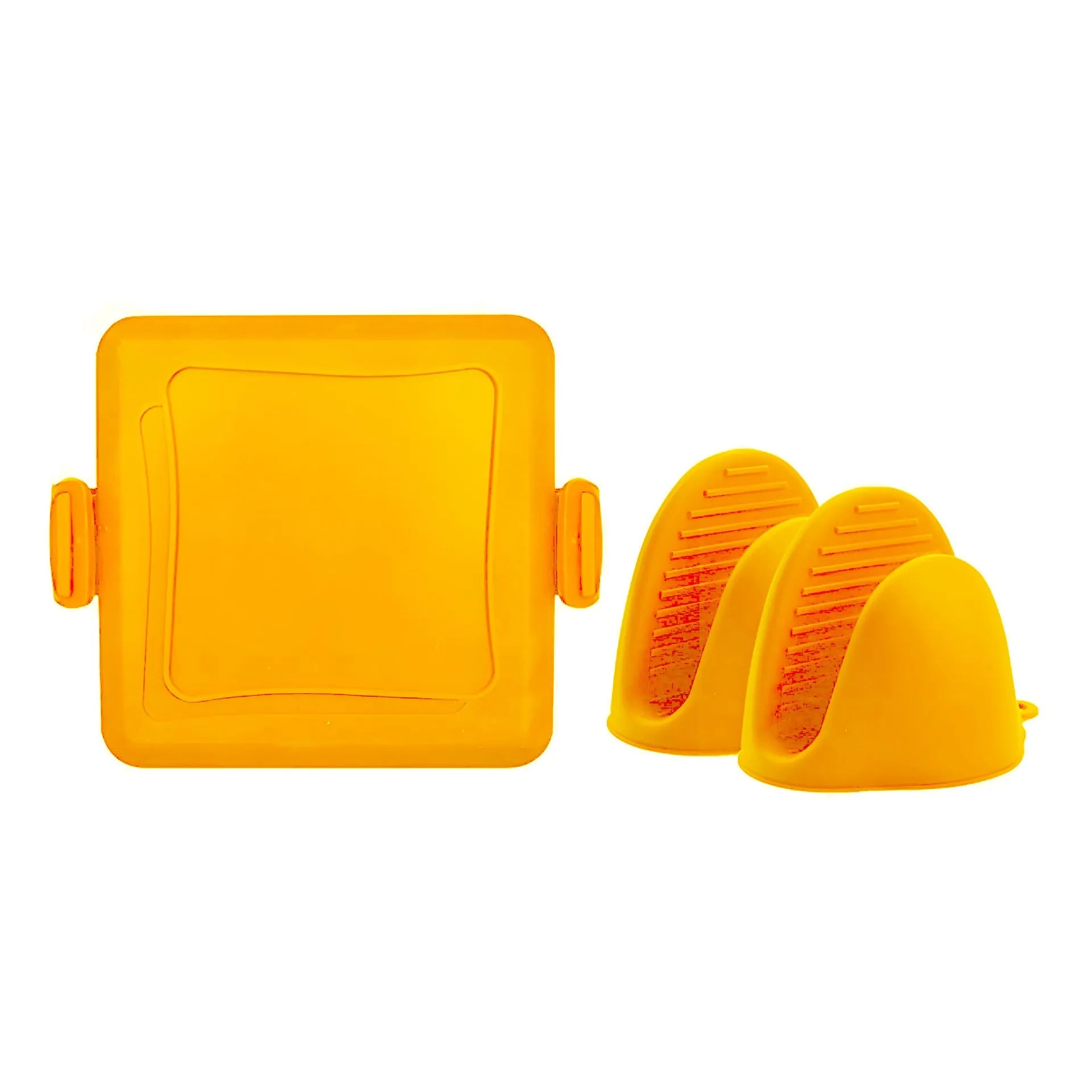Red silicone baking tray and matching heat-resistant gloves set on kitchen counter