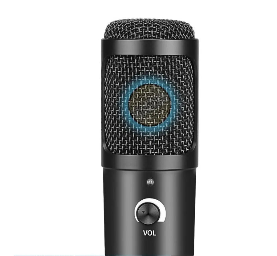 Black USB condenser microphone with integrated volume knob for laptop recording