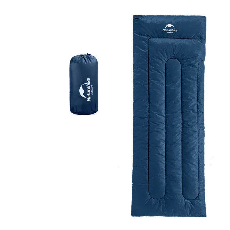Camping thin portable envelope sleeping bag for adults in navy blue with hollow cotton filling