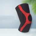 Silicone knitted non-slip sports knee pads in red and grey colours, shown in S, M, L, XL sizes.