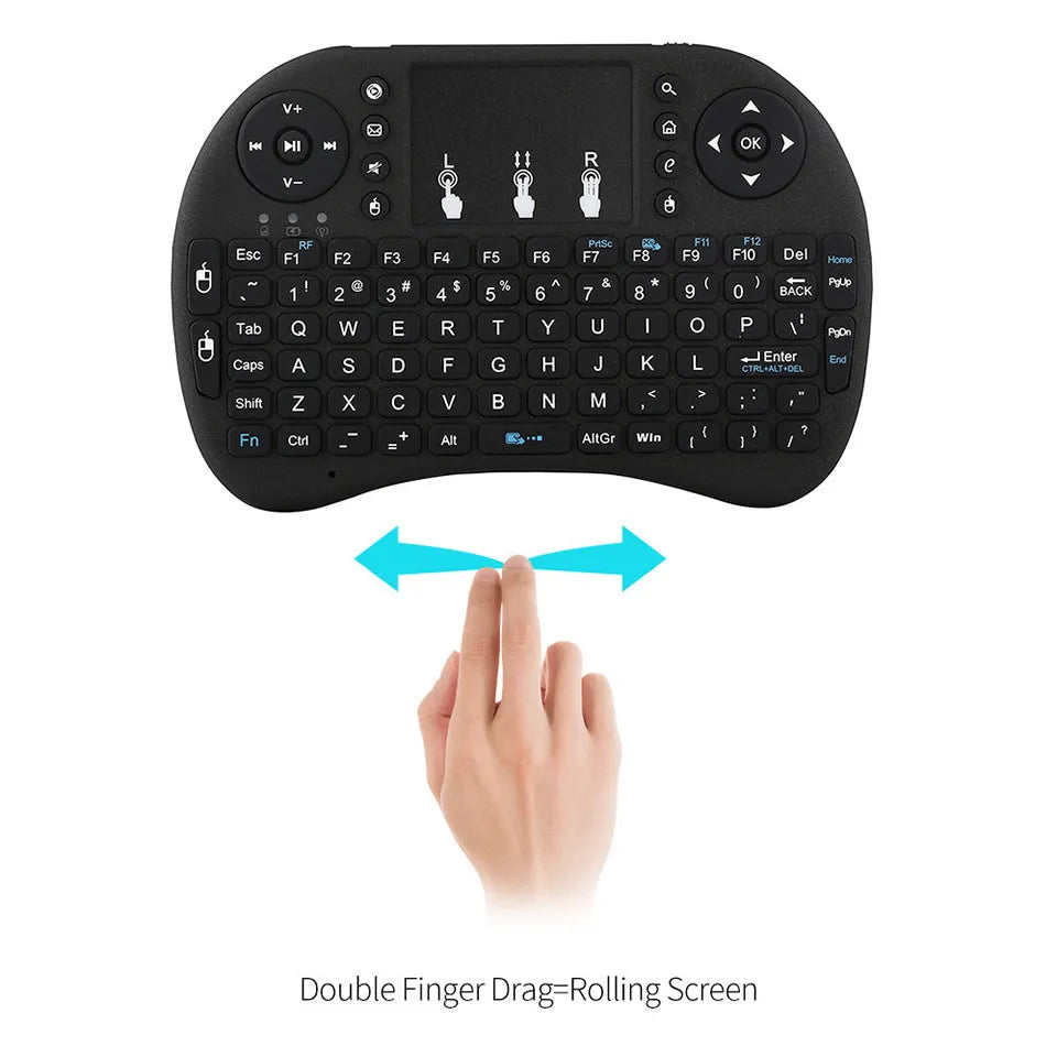 2.4G wireless mini air keyboard with touchpad, 92 QWERTY keys, black casing, 15m range