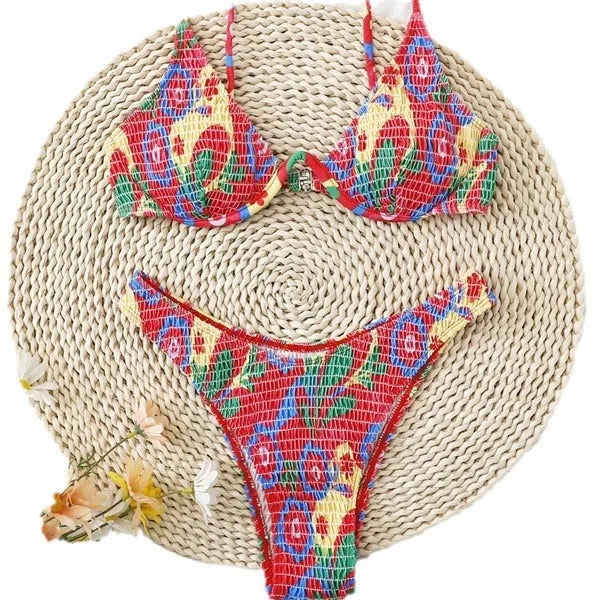 Red floral print women's two-piece underwire bikini set on a white background
