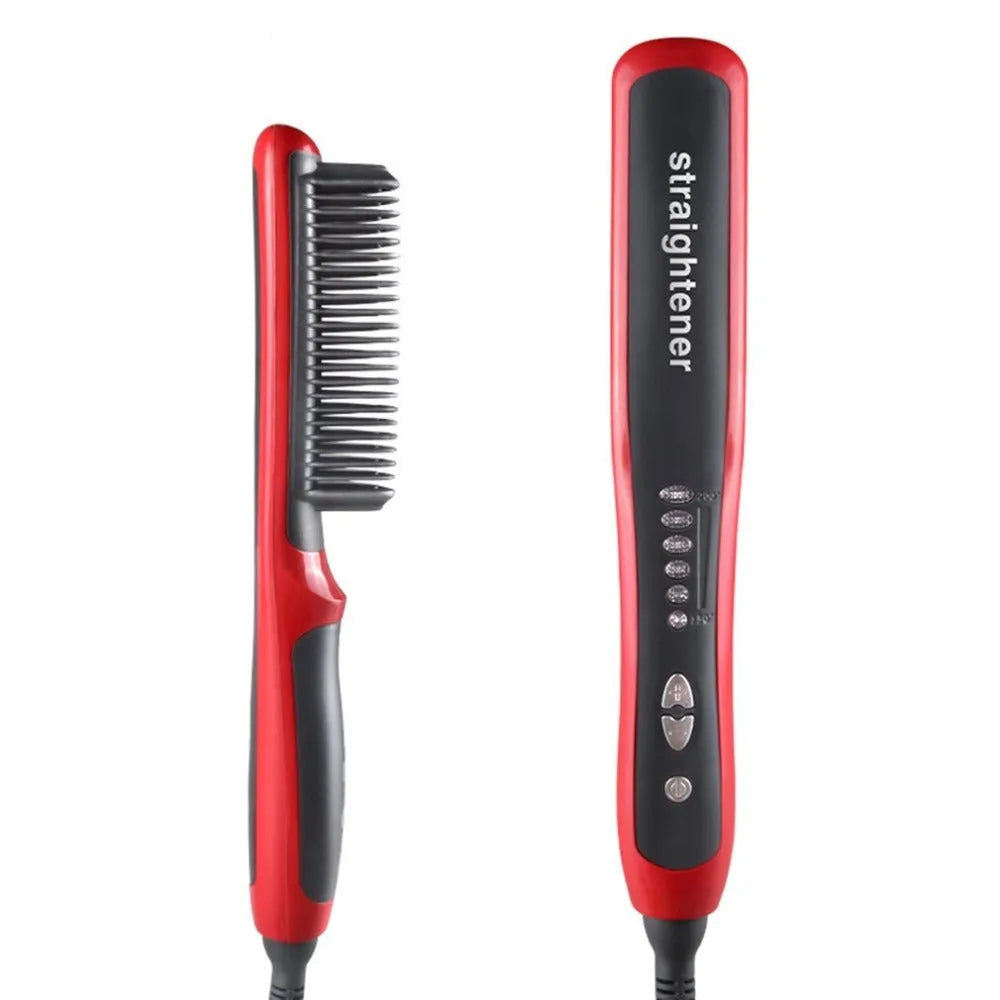 Straight hair comb with ceramic heated brush and ion technology in black and red