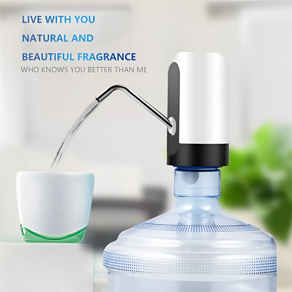 Automatic electric water bottle pump with blue light, USB cord, and black finish on a 5L bottle
