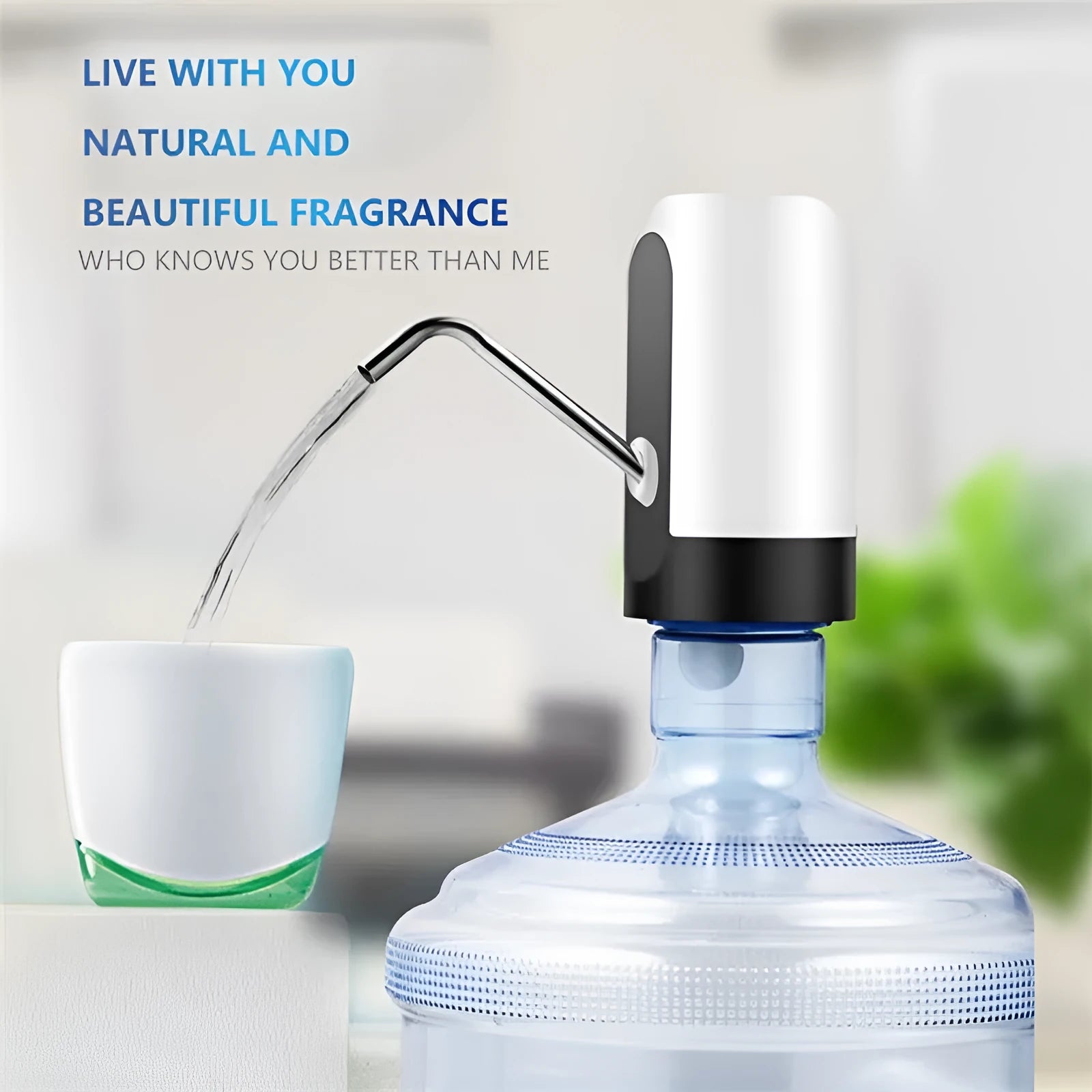 Automatic electric water bottle pump with blue light, USB cord, and black finish on a 5L bottle