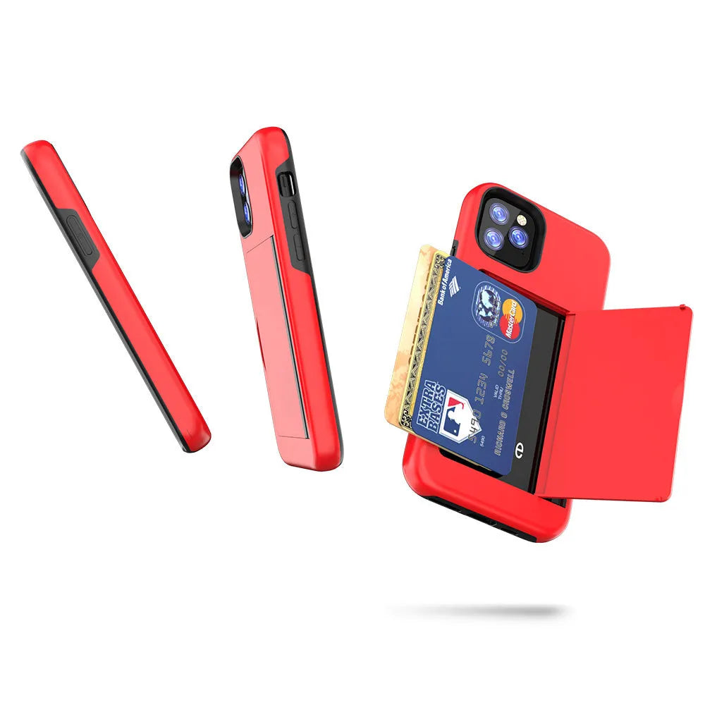 A solid colour mobile phone case for iPhone 11 series, shown in black, red, pink, blue, dark blue, and purple colour options.