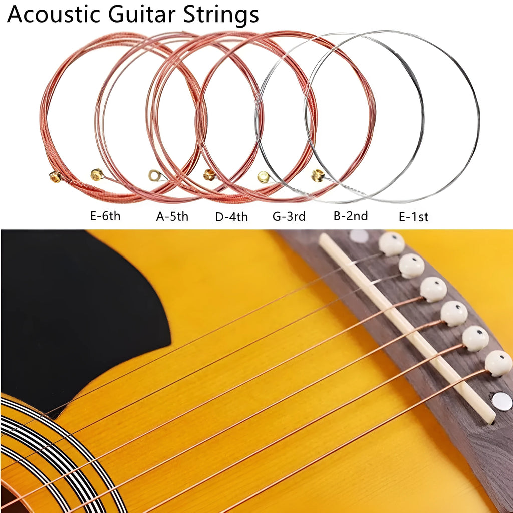 Six metal guitar strings in red copper, brass, and colour coatings with rust-proof finish