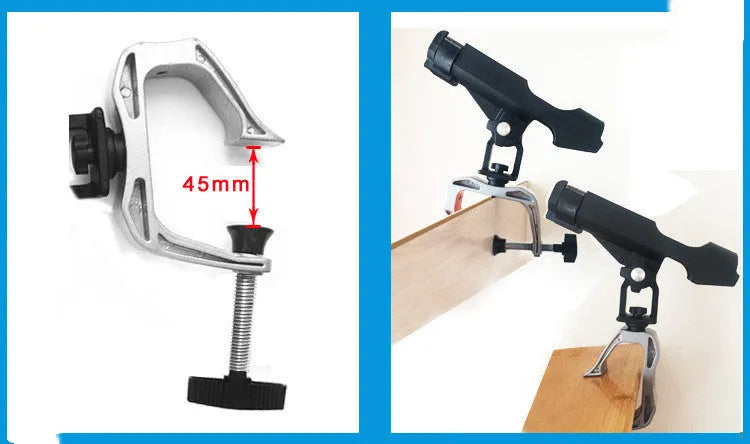 Black nylon plastic fishing rod holder with aluminium G clamp, 360 degree rotation and locking function