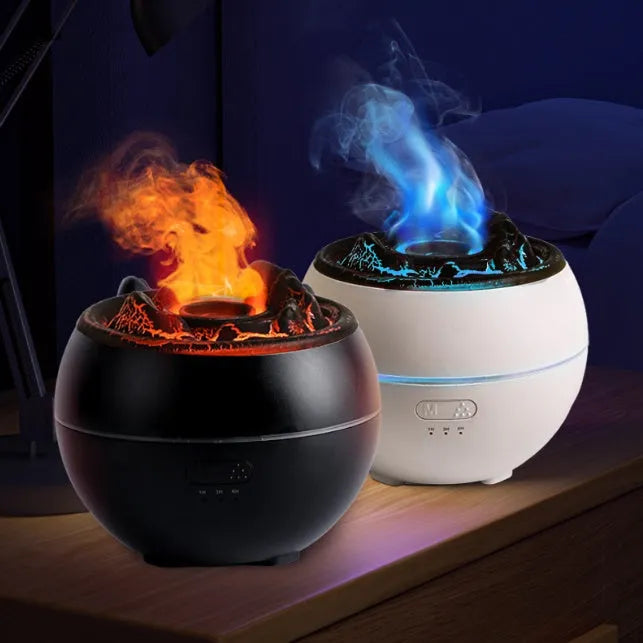 White round ultrasonic aroma diffuser humidifier with timer buttons on a desk.