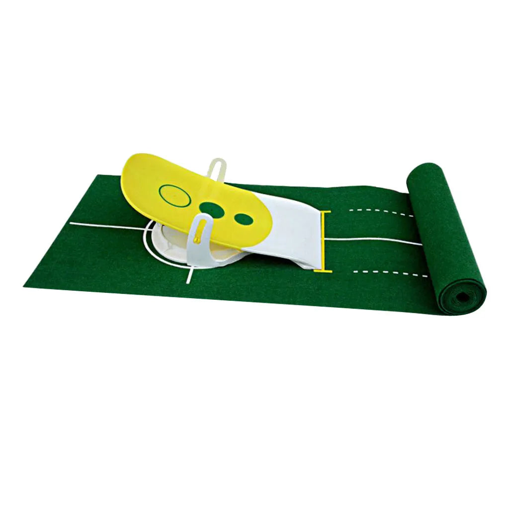 Precision putter exerciser with green non-woven push rod blanket 230cm length and simulator on wooden floor