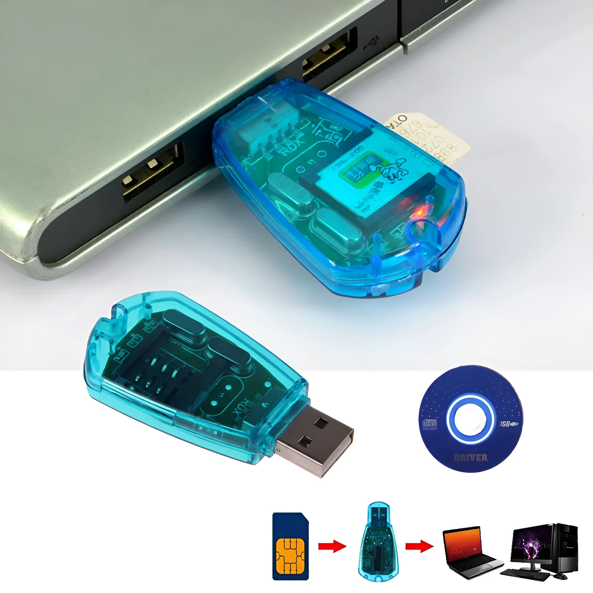 Blue mobile phone SIM card reader with USB 2.0 connector for computer data transfer