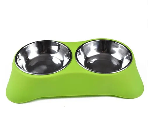 Silicone double pet bowl with stainless steel inserts and non-slip base, shown in Blue, Green, and Rose Red, sizes S and M
