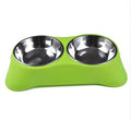 Silicone double pet bowl with stainless steel inserts and non-slip base, shown in Blue, Green, and Rose Red, sizes S and M