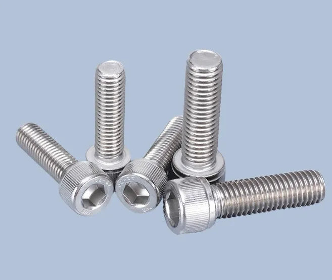 Stainless steel phono cartridge mounting kit with allen bolts, nuts, washers, and two allen keys.