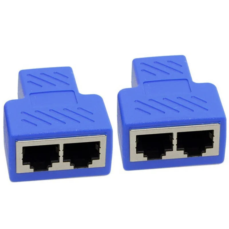 Two white RJ45 network tee splitters, one male to two female ports.