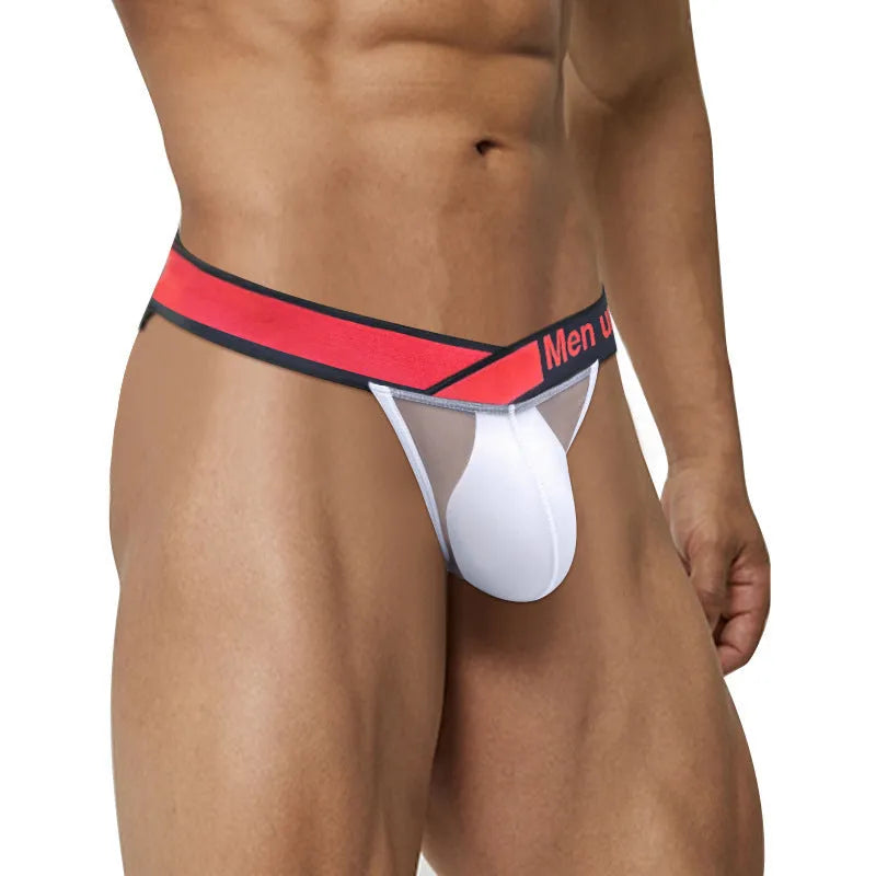 Men's black ice silk nylon underwear with a large V gradient high fork design on a white background