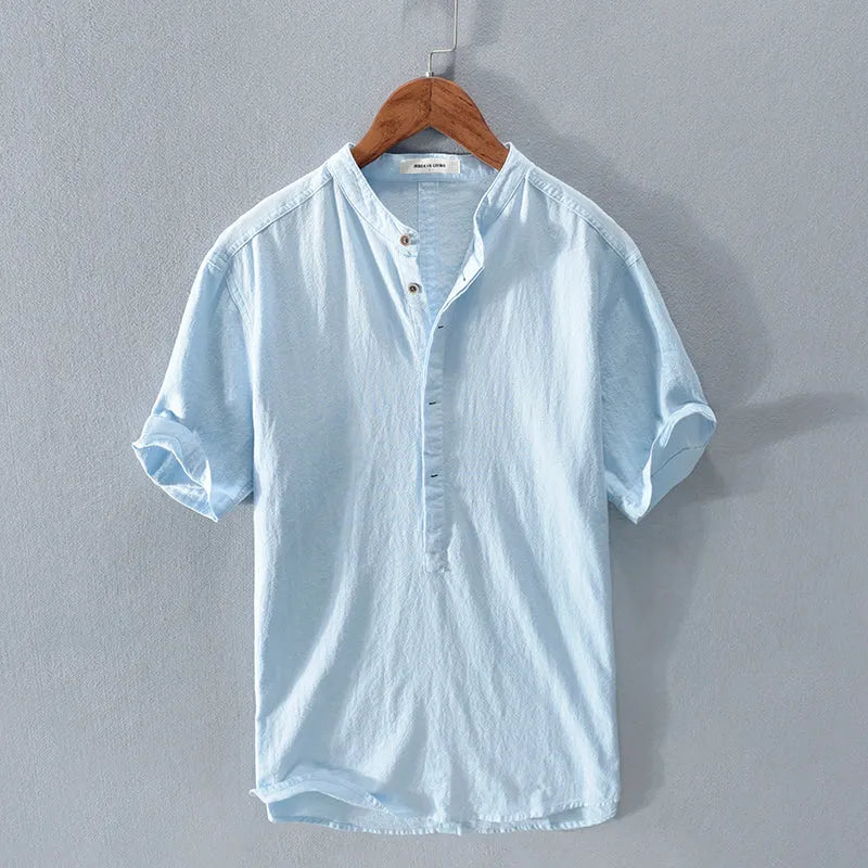 Men's ice silk linen stand collar T-shirt in solid colour with button decoration, loose fit, short sleeves