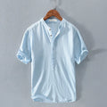 Men's ice silk linen stand collar T-shirt in solid colour with button decoration, loose fit, short sleeves